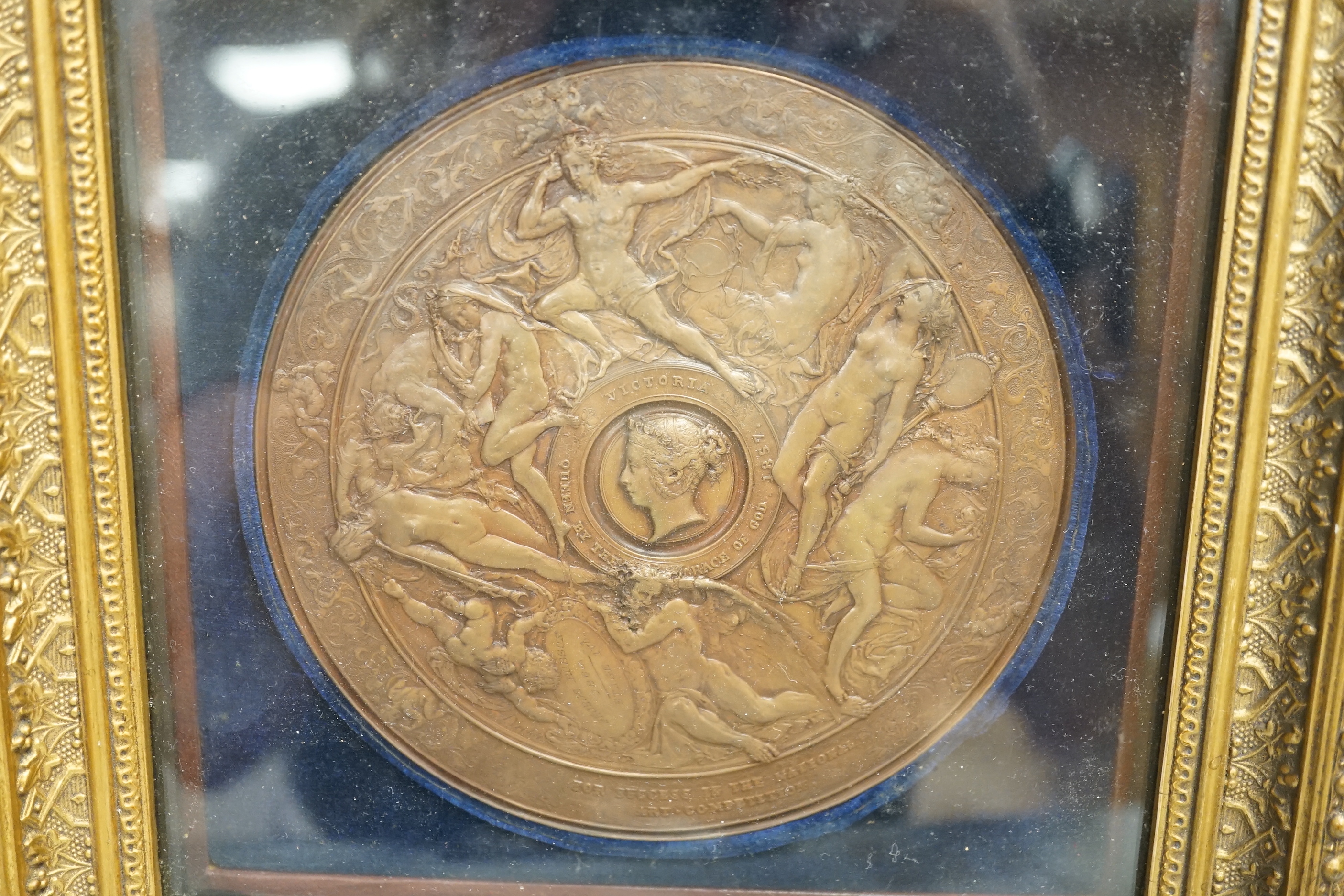 Antoine Vechte (1799-1868), art commemorative medal awarded 1860, for success in the National Art Competition, mounted in gilt frame, 25.5cm x 25.5cm